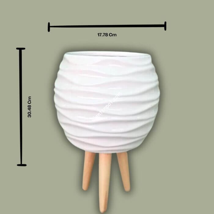 Modern Imported Ceramic Planter With Wooden Legs White And Black