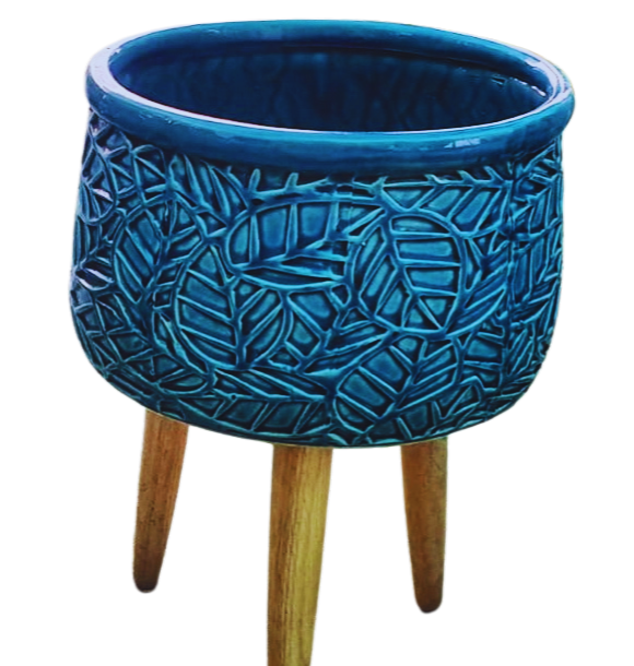 blue ceramic leg planter