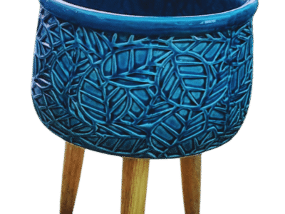Modern Blue Ceramic Bowl Planter with Stand