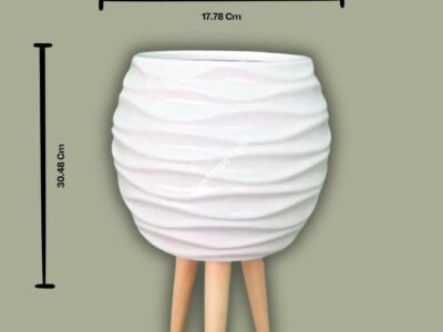 Modern Imported Ceramic Planter With Wooden Legs White And Black