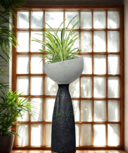 Handmade concrete terrazzo planter with pedestal base, styled indoors with spider plant